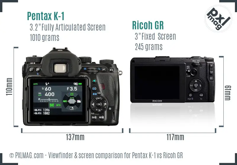 Pentax K-1 vs Ricoh GR Screen and Viewfinder comparison