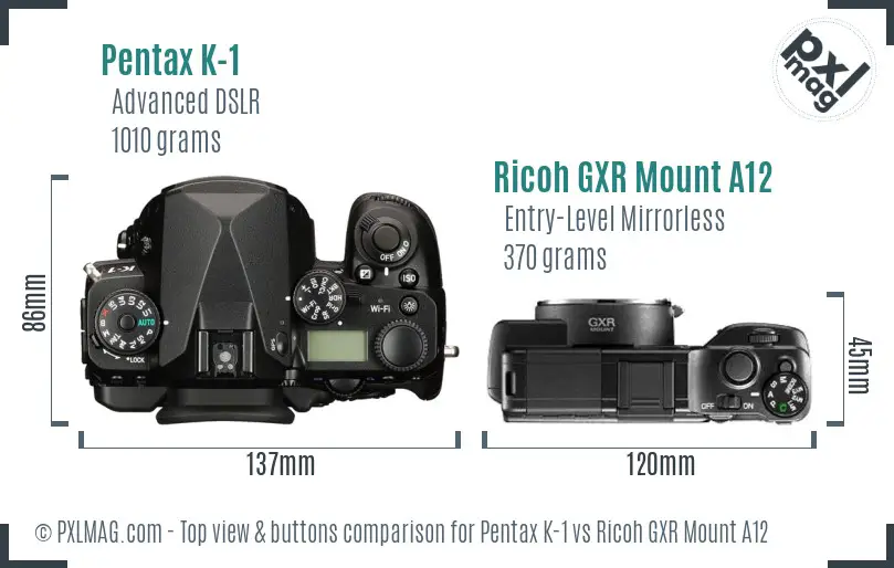 Pentax K-1 vs Ricoh GXR Mount A12 top view buttons comparison