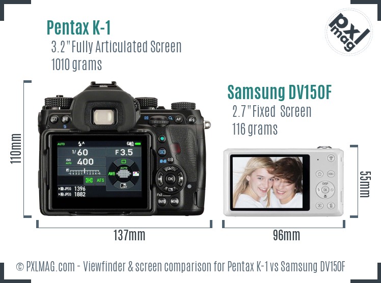 Pentax K-1 vs Samsung DV150F Screen and Viewfinder comparison