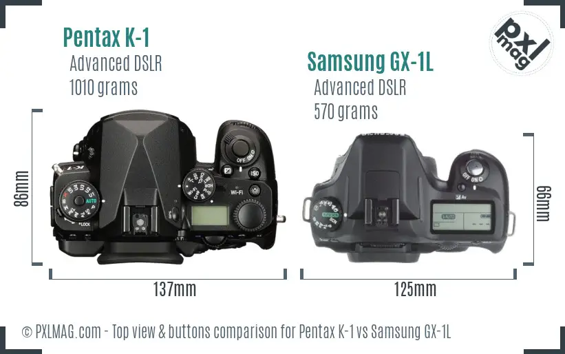 Pentax K-1 vs Samsung GX-1L top view buttons comparison