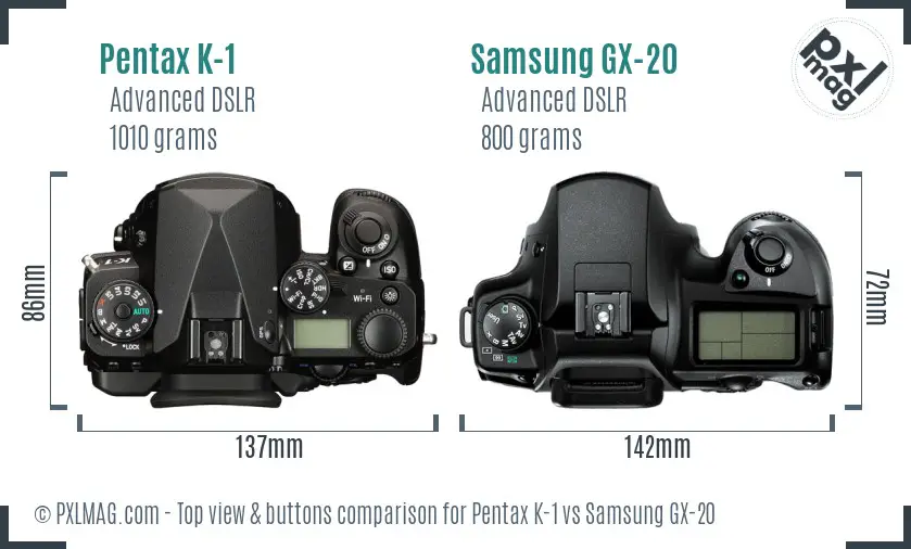Pentax K-1 vs Samsung GX-20 top view buttons comparison