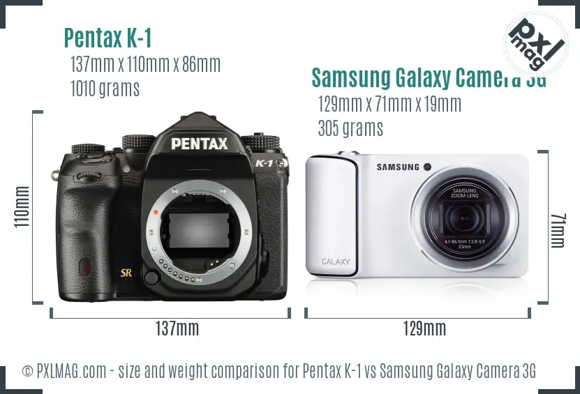 Pentax K-1 vs Samsung Galaxy Camera 3G size comparison