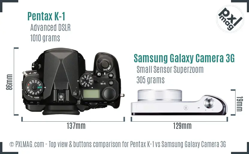 Pentax K-1 vs Samsung Galaxy Camera 3G top view buttons comparison