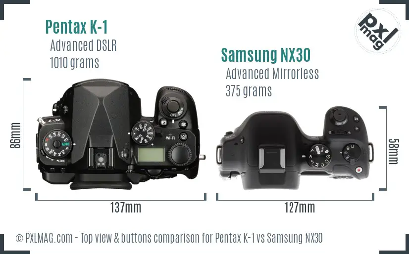 Pentax K-1 vs Samsung NX30 top view buttons comparison