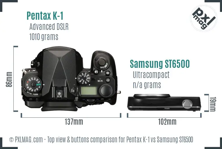 Pentax K-1 vs Samsung ST6500 top view buttons comparison