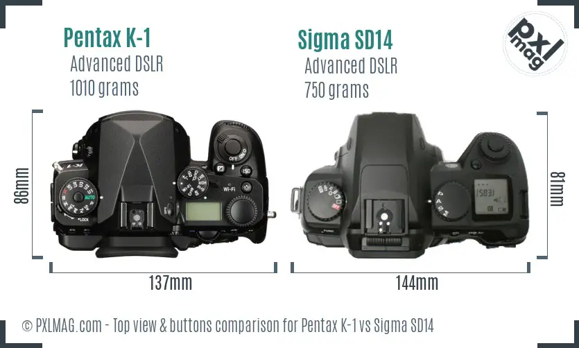 Pentax K-1 vs Sigma SD14 top view buttons comparison