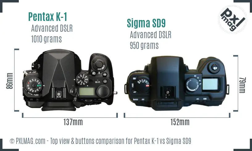 Pentax K-1 vs Sigma SD9 top view buttons comparison