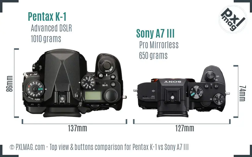 Pentax K-1 vs Sony A7 III top view buttons comparison Pentax K-1 vs Sony A7 III top view buttons comparison