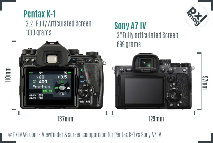 Pentax K-1 vs Sony A7 IV Screen and Viewfinder comparison