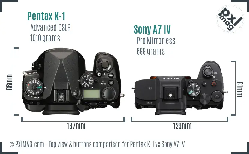Pentax K-1 vs Sony A7 IV top view buttons comparison