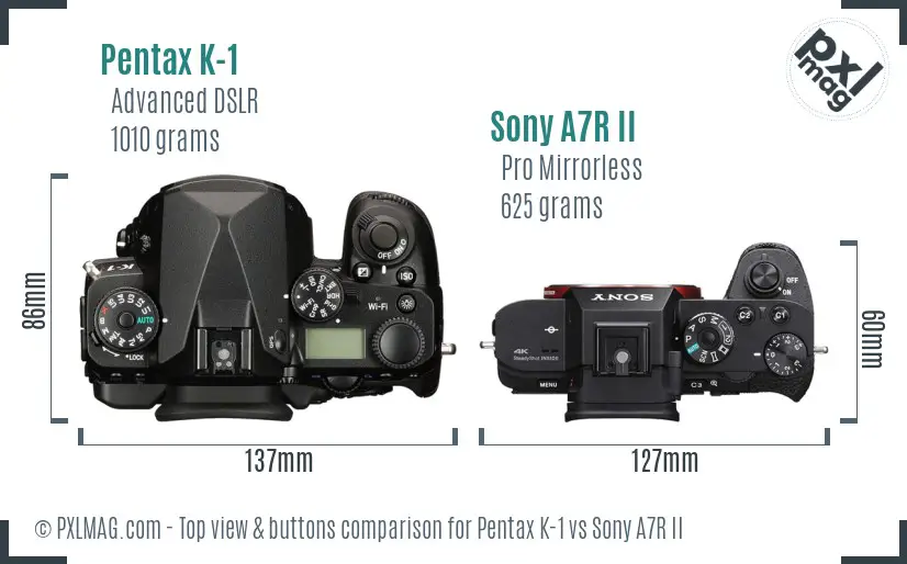 Pentax K-1 vs Sony A7R II top view buttons comparison Pentax K-1 vs Sony A7R II top view buttons comparison