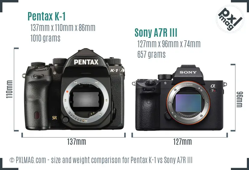 Pentax K-1 vs Sony A7R III size comparison