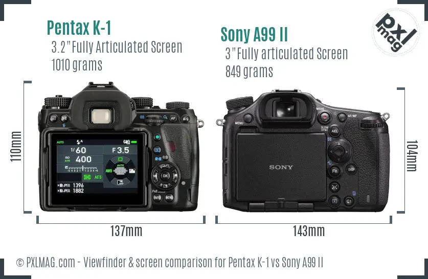Pentax K-1 vs Sony A99 II Screen and Viewfinder comparison