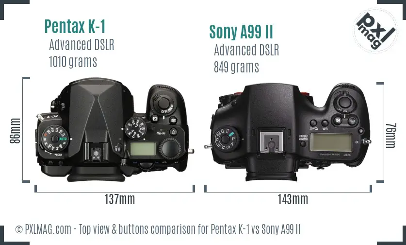 Pentax K-1 vs Sony A99 II top view buttons comparison