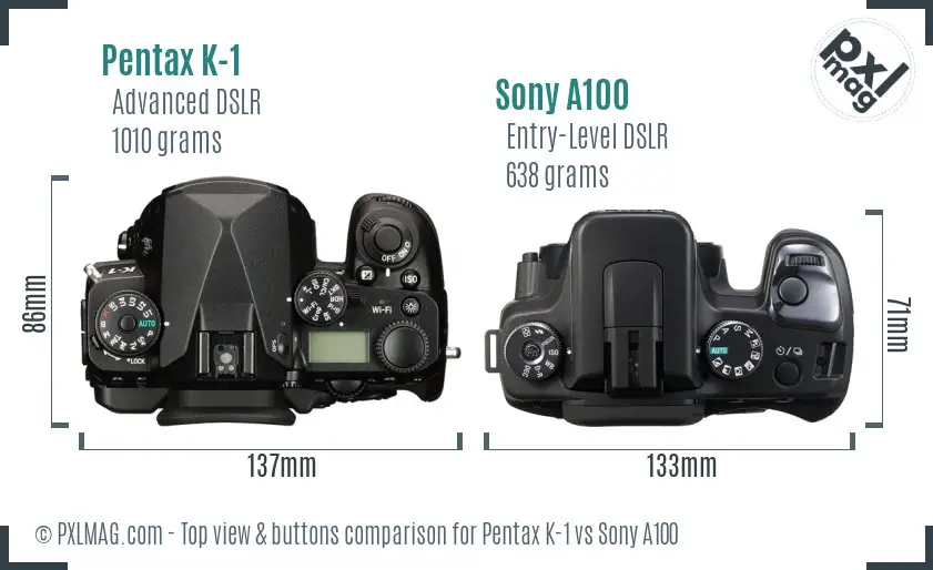 Pentax K-1 vs Sony A100 top view buttons comparison