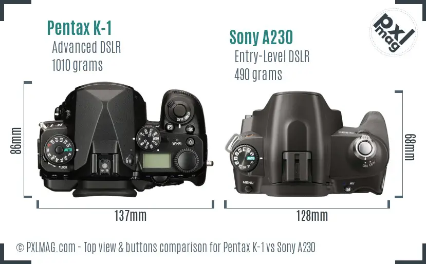 Pentax K-1 vs Sony A230 top view buttons comparison