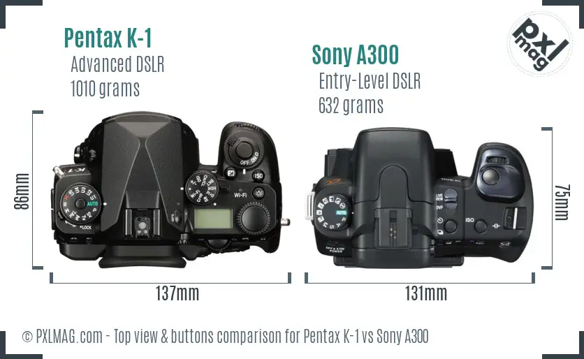 Pentax K-1 vs Sony A300 top view buttons comparison