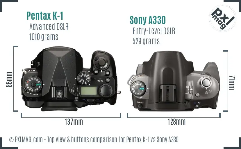 Pentax K-1 vs Sony A330 top view buttons comparison