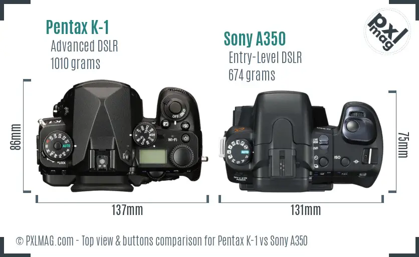 Pentax K-1 vs Sony A350 top view buttons comparison
