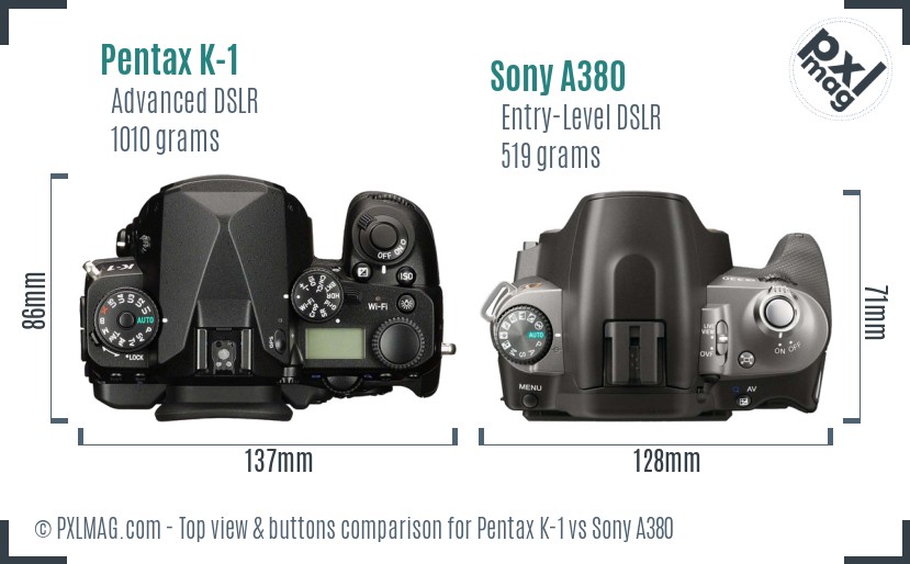 Pentax K-1 vs Sony A380 top view buttons comparison