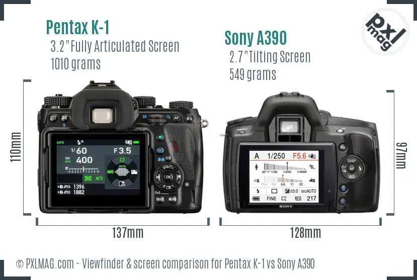 Pentax K-1 vs Sony A390 Screen and Viewfinder comparison