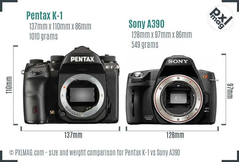 Pentax K-1 vs Sony A390 size comparison