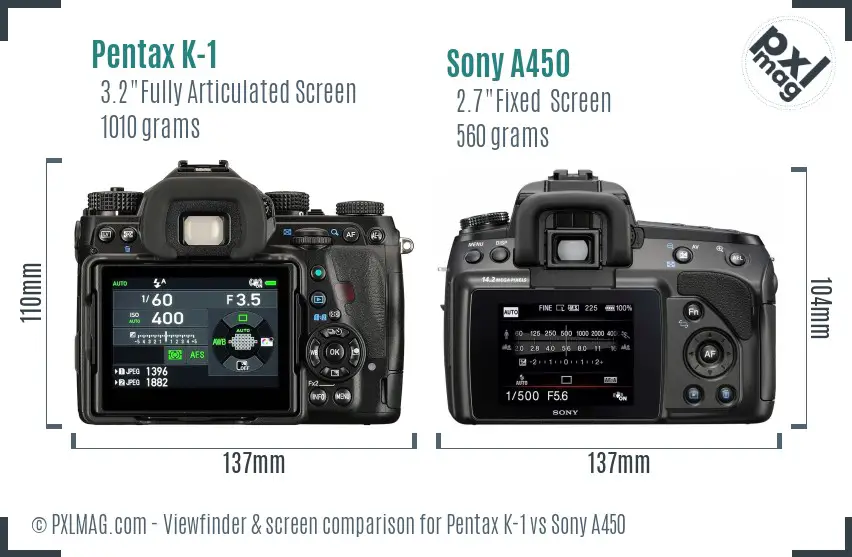 Pentax K-1 vs Sony A450 Screen and Viewfinder comparison