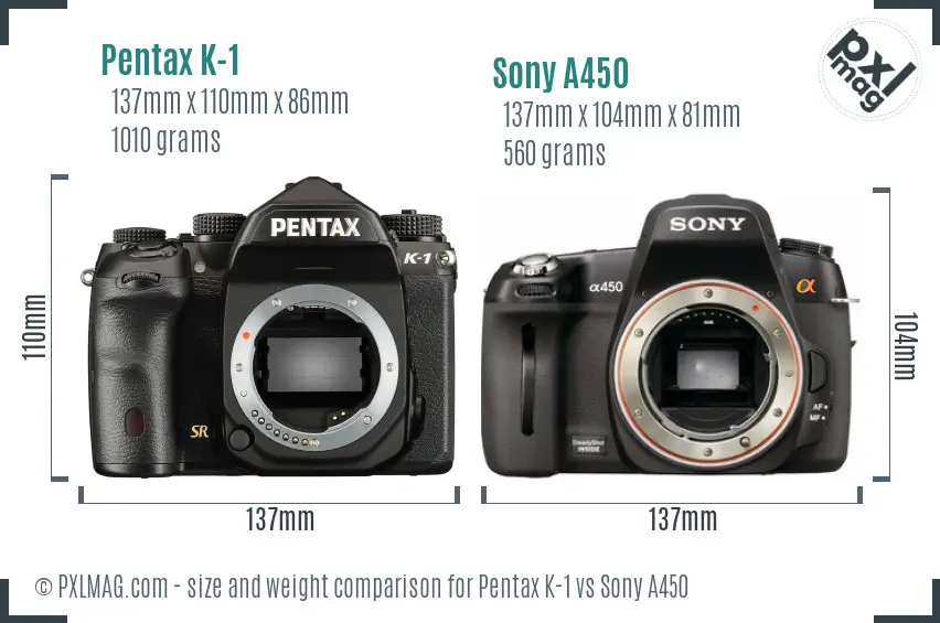 Pentax K-1 vs Sony A450 size comparison