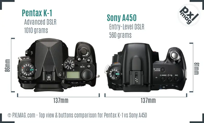 Pentax K-1 vs Sony A450 top view buttons comparison