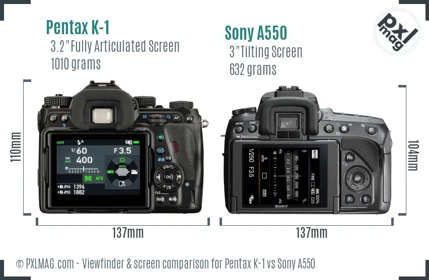Pentax K-1 vs Sony A550 Screen and Viewfinder comparison