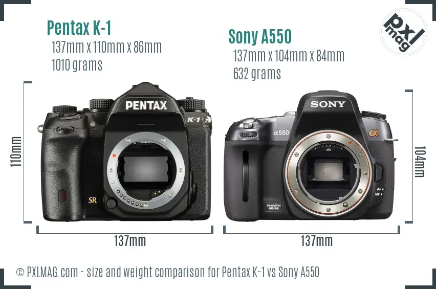 Pentax K-1 vs Sony A550 size comparison