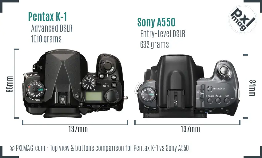 Pentax K-1 vs Sony A550 top view buttons comparison