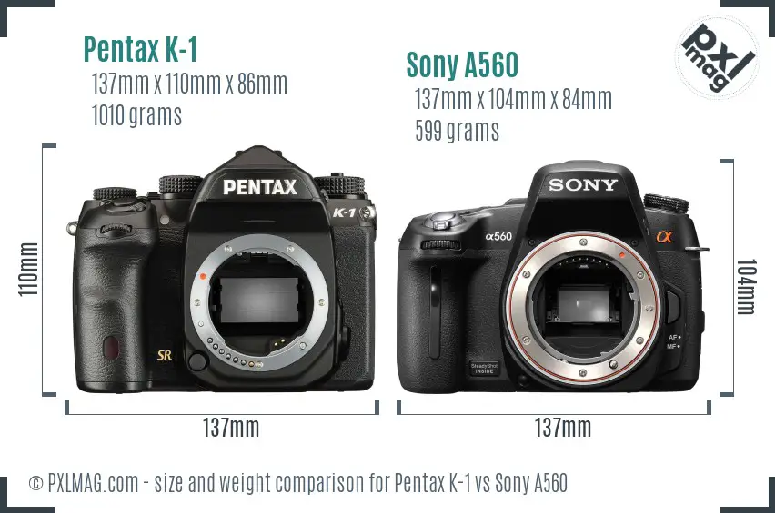 Pentax K-1 vs Sony A560 size comparison