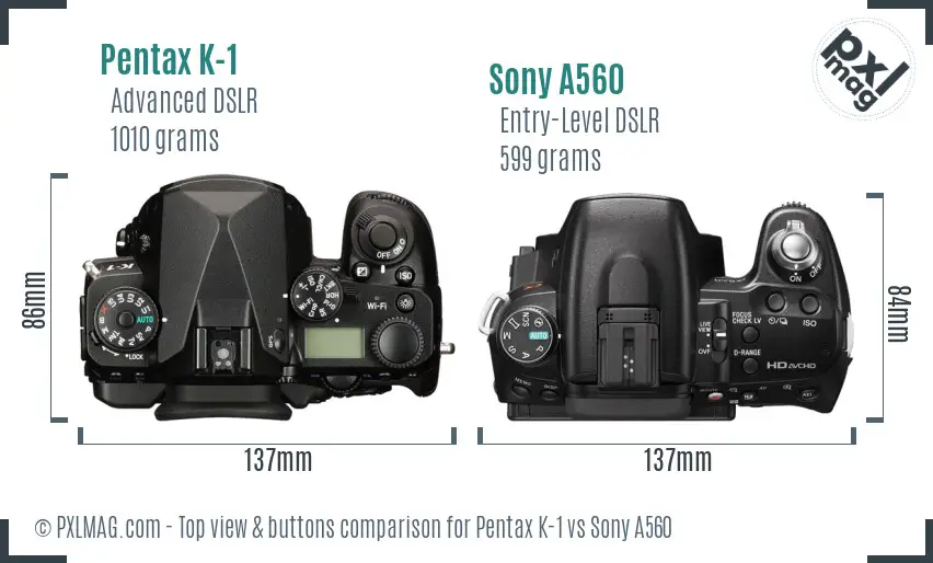 Pentax K-1 vs Sony A560 top view buttons comparison