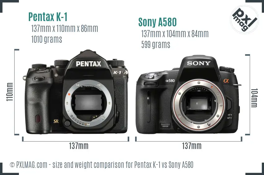 Pentax K-1 vs Sony A580 size comparison