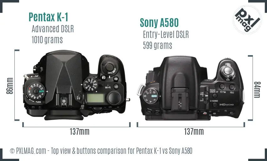 Pentax K-1 vs Sony A580 top view buttons comparison