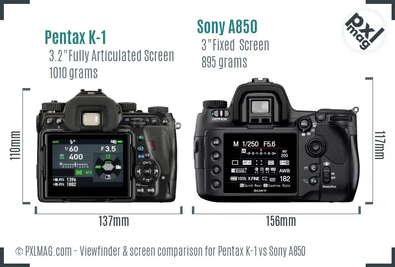 Pentax K-1 vs Sony A850 Screen and Viewfinder comparison
