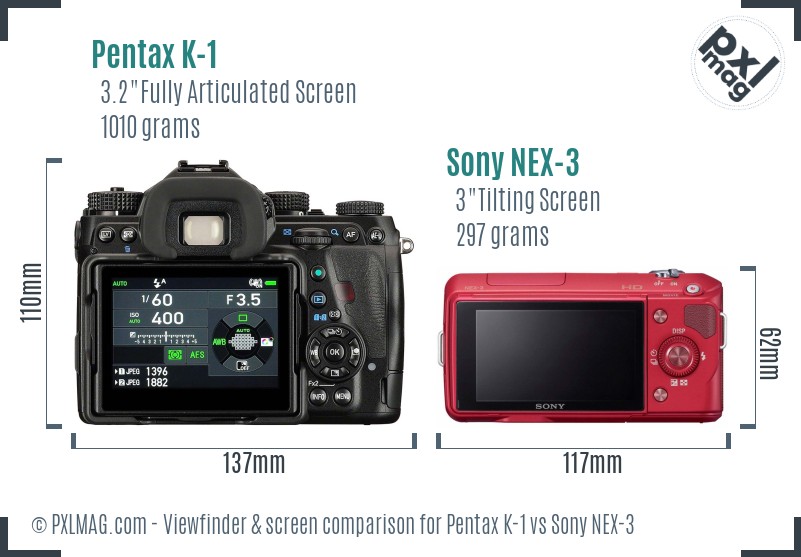 Pentax K-1 vs Sony NEX-3 Screen and Viewfinder comparison