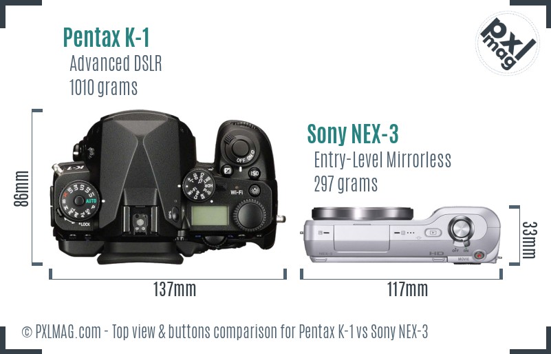 Pentax K-1 vs Sony NEX-3 top view buttons comparison