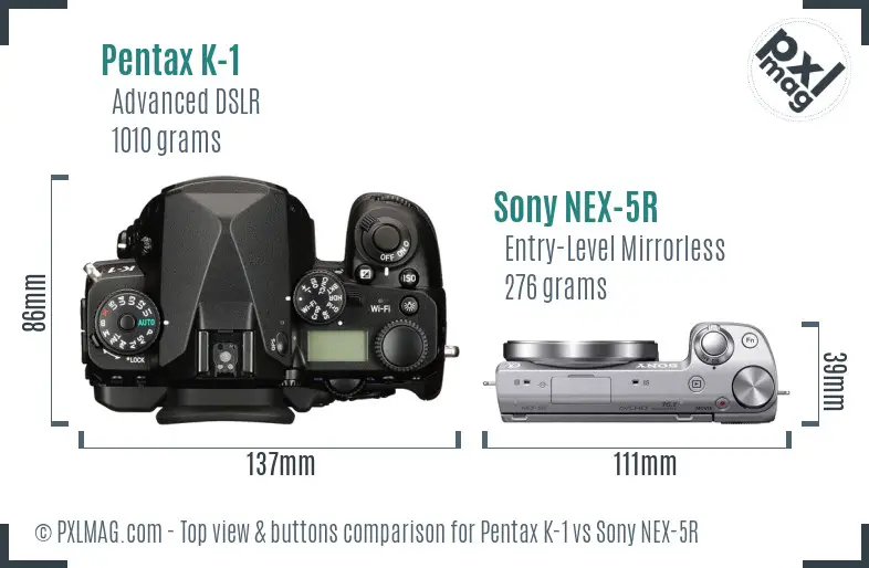 Pentax K-1 vs Sony NEX-5R top view buttons comparison