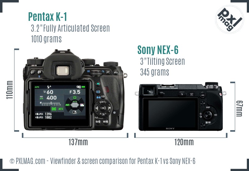 Pentax K-1 vs Sony NEX-6 Screen and Viewfinder comparison
