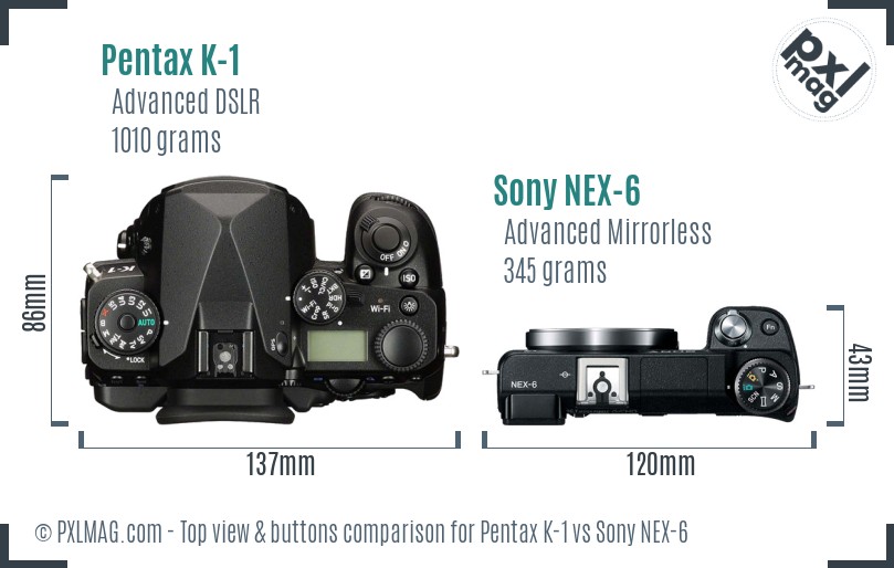 Pentax K-1 vs Sony NEX-6 top view buttons comparison