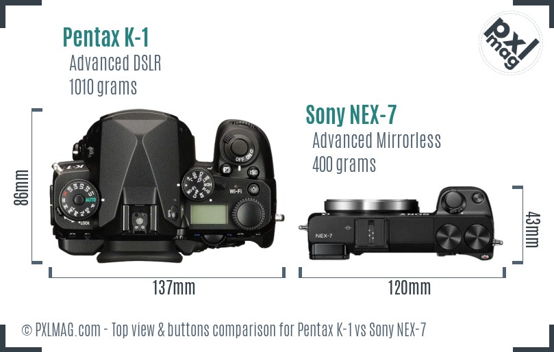 Pentax K-1 vs Sony NEX-7 top view buttons comparison
