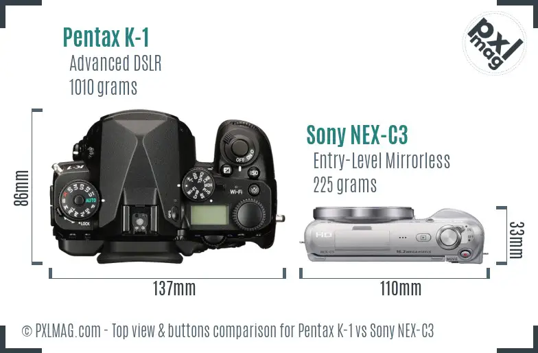 Pentax K-1 vs Sony NEX-C3 top view buttons comparison