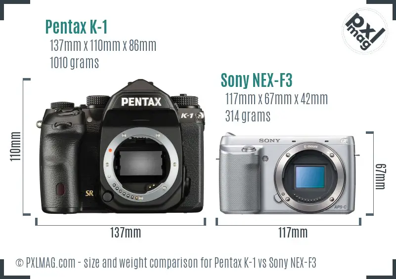 Pentax K-1 vs Sony NEX-F3 size comparison