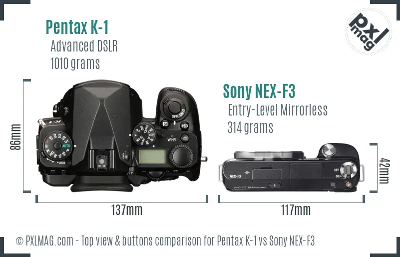 Pentax K-1 vs Sony NEX-F3 top view buttons comparison