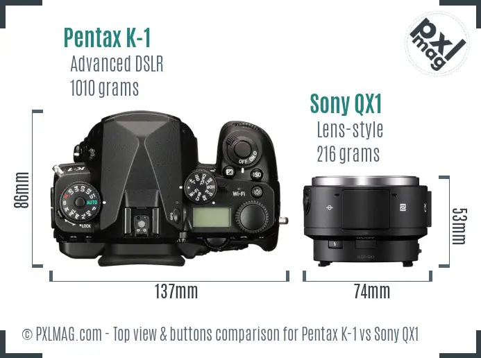 Pentax K-1 vs Sony QX1 top view buttons comparison