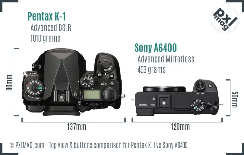 Pentax K-1 vs Sony A6400 top view buttons comparison
