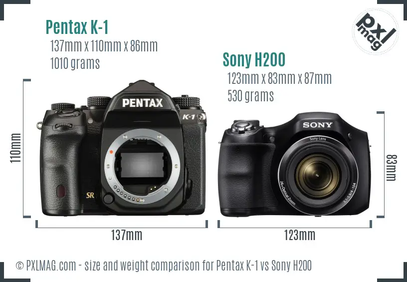 Pentax K-1 vs Sony H200 size comparison