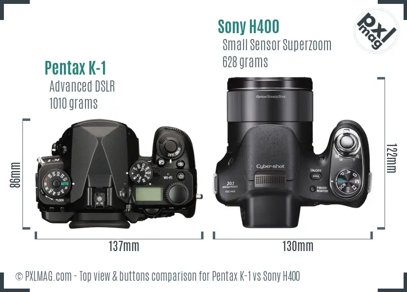 Pentax K-1 vs Sony H400 top view buttons comparison Pentax K-1 vs Sony H400 top view buttons comparison